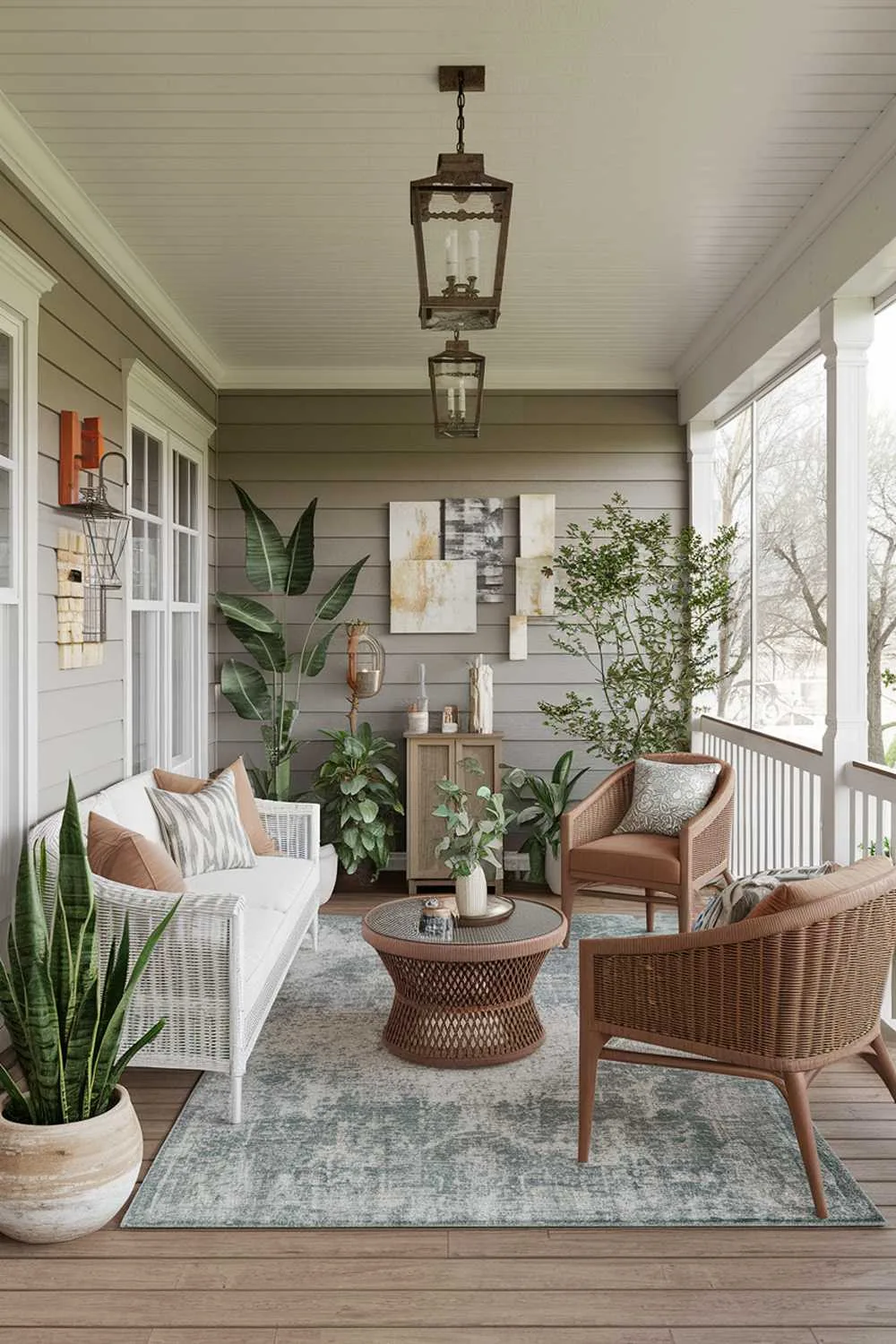 21 Enclosed Porch Ideas for Cozy and Stylish Outdoor Living 11 Enclosed porch with white and brown wicker furniture, glass coffee table, and artistic decor