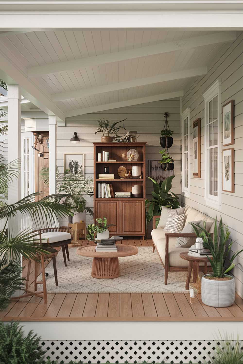 Enclosed porch with wooden bookshelf, beige sofa, and artistic wall decor