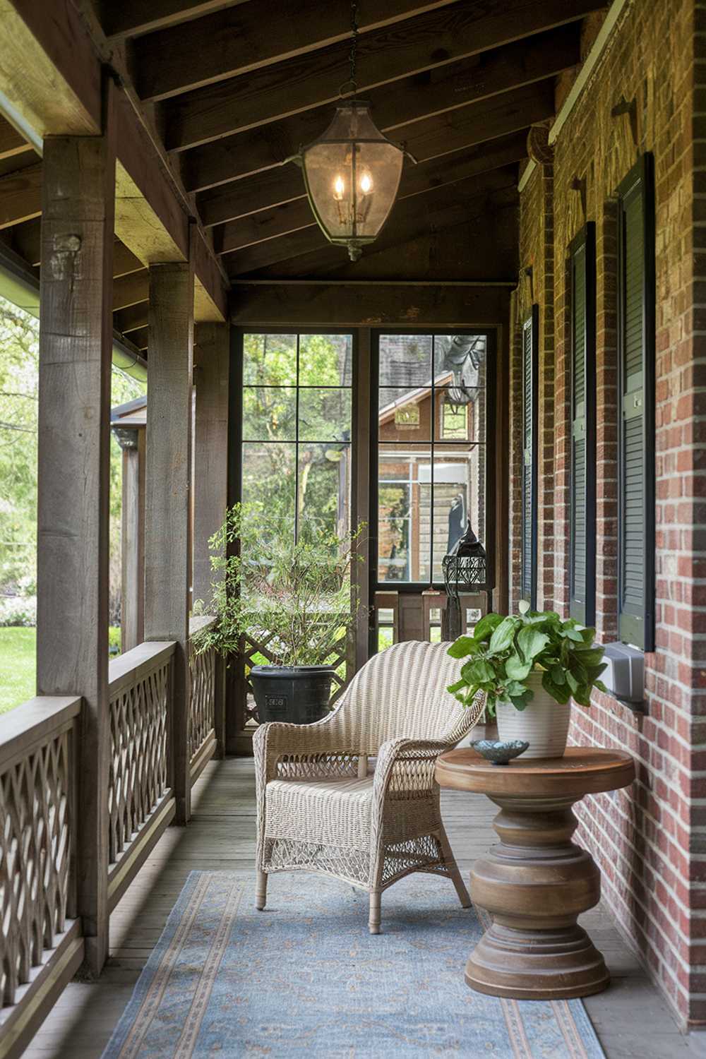 Rustic enclosed porch with brick walls, wicker chair, and lush garden backdrop