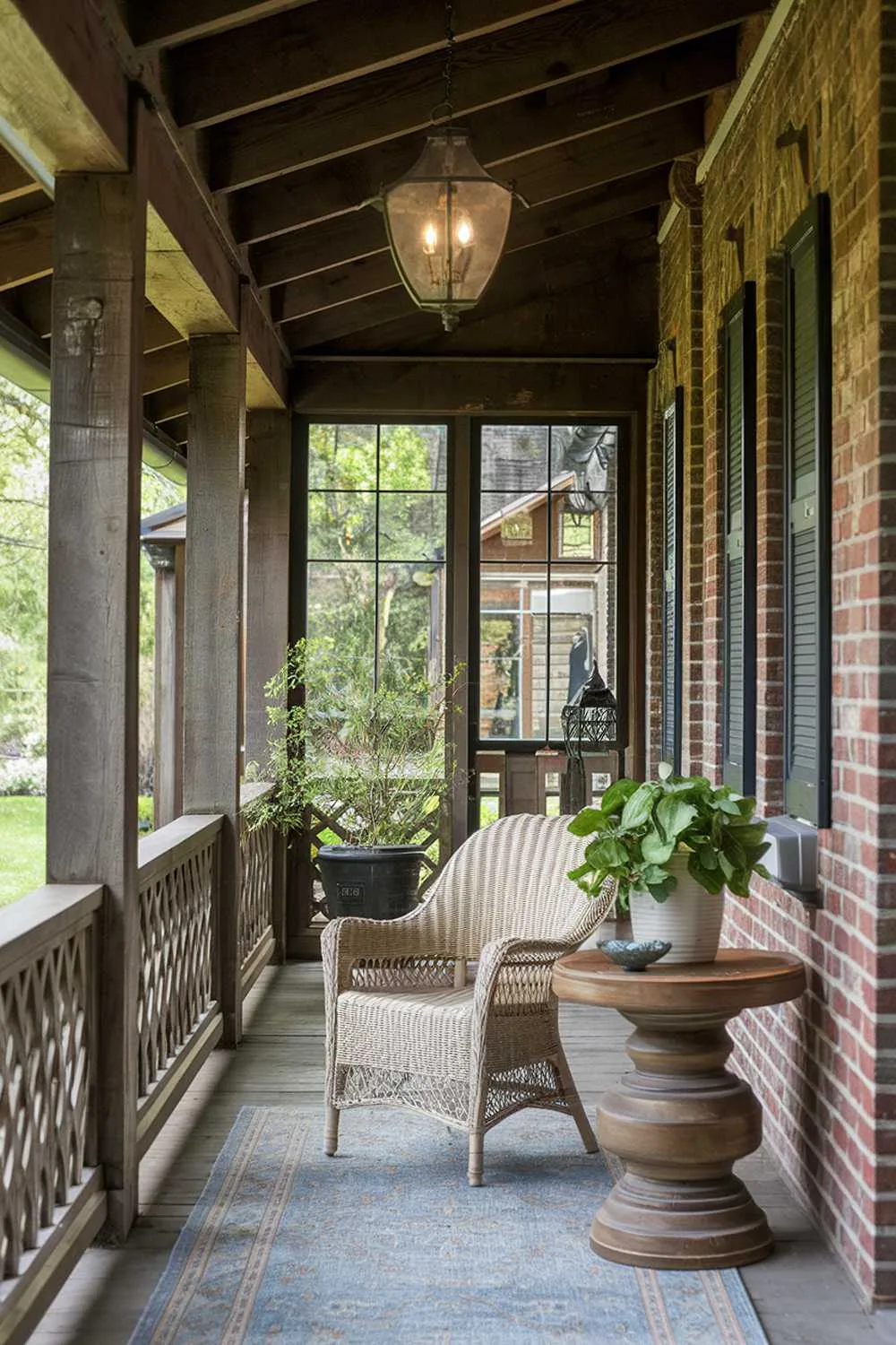 21 Enclosed Porch Ideas for Cozy and Stylish Outdoor Living 13 Rustic enclosed porch with brick walls, wicker chair, and lush garden backdrop