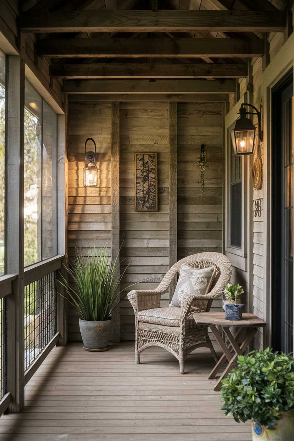 Cozy enclosed porch corner with vintage wicker chair, wooden details, and warm lighting