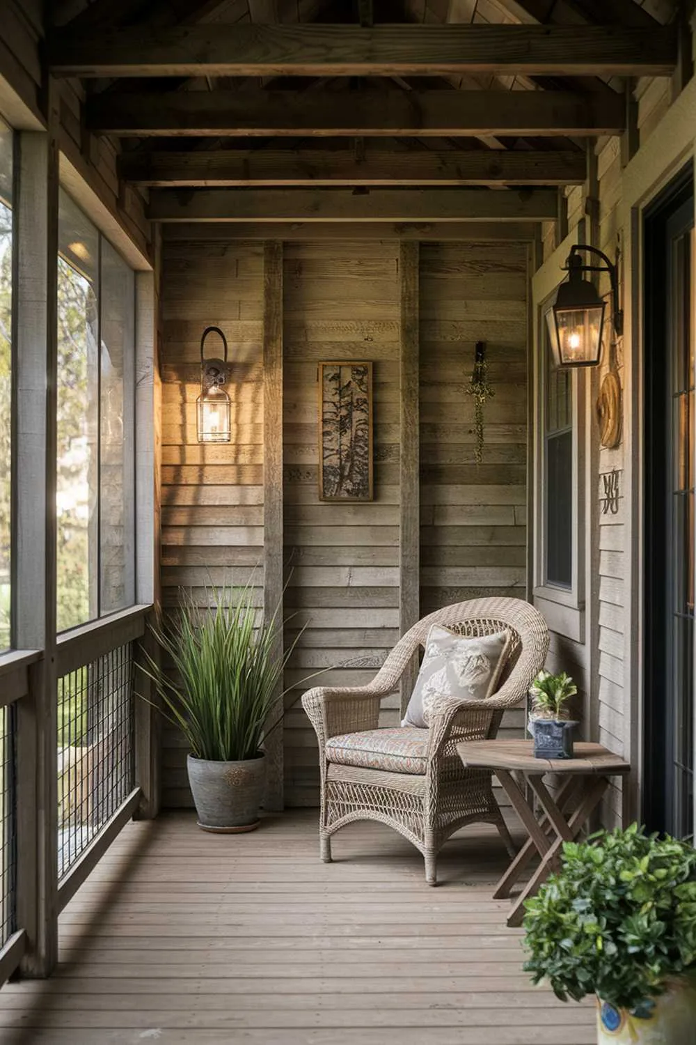 21 Enclosed Porch Ideas for Cozy and Stylish Outdoor Living 14 Cozy enclosed porch corner with vintage wicker chair, wooden details, and warm lighting