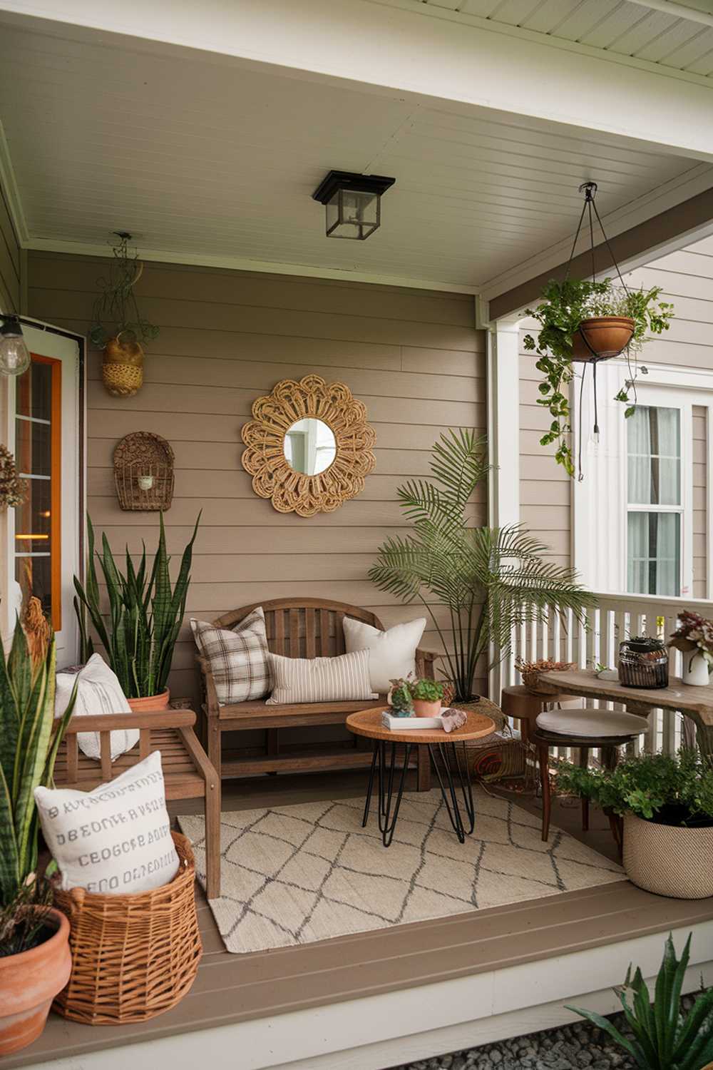 Enclosed porch with wooden bench, rustic decor, and hanging planters