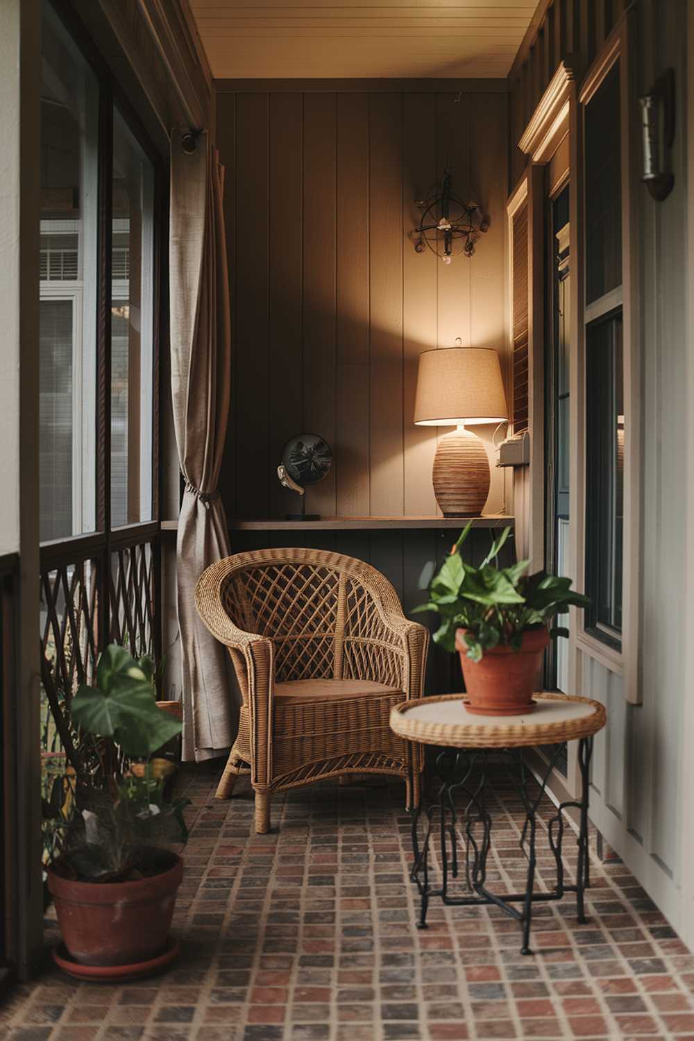 Small enclosed porch with brick flooring, wicker furniture, and wooden wall paneling