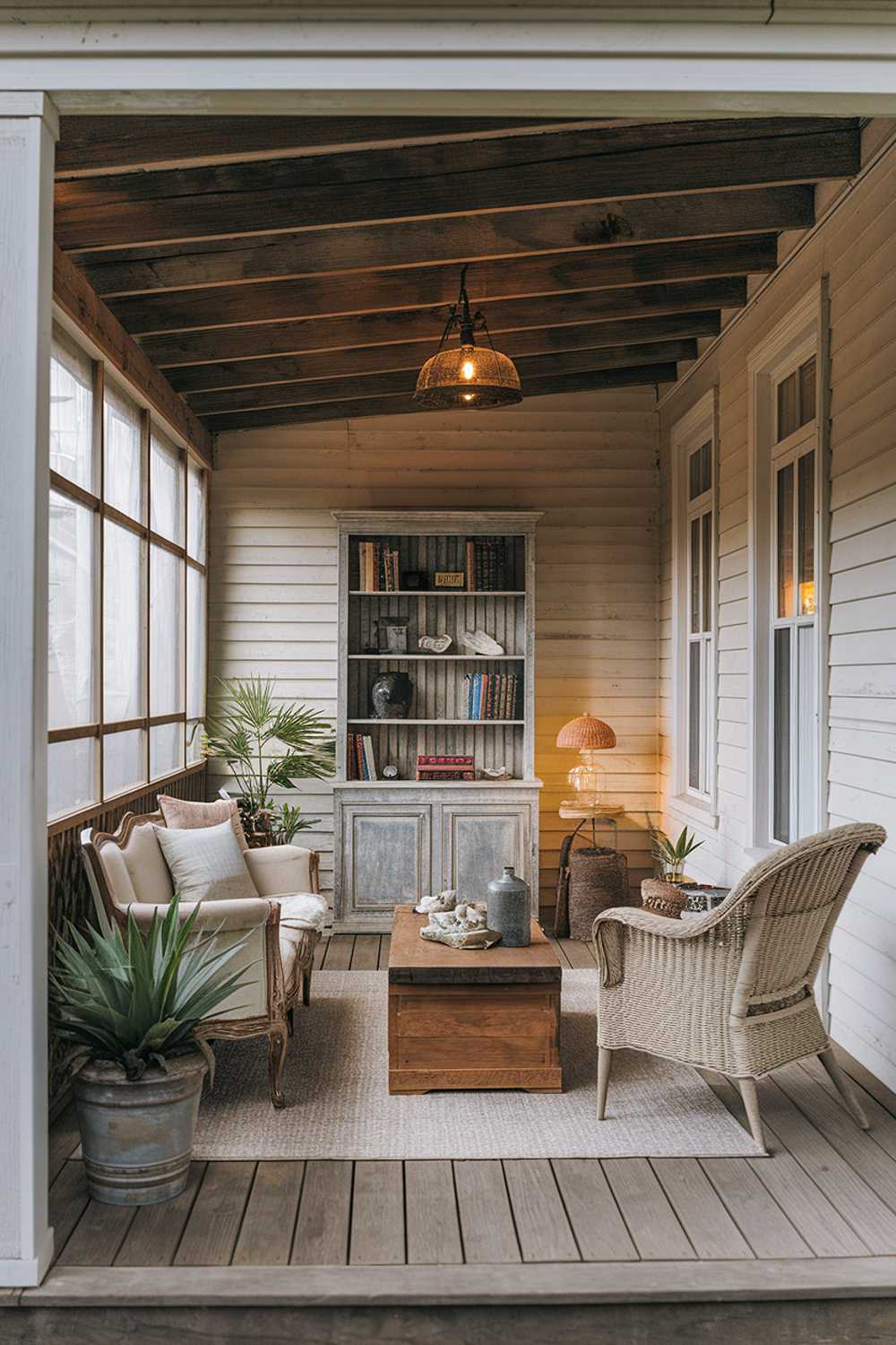 Enclosed porch with whitewashed walls, vintage couch, and wooden beam ceiling