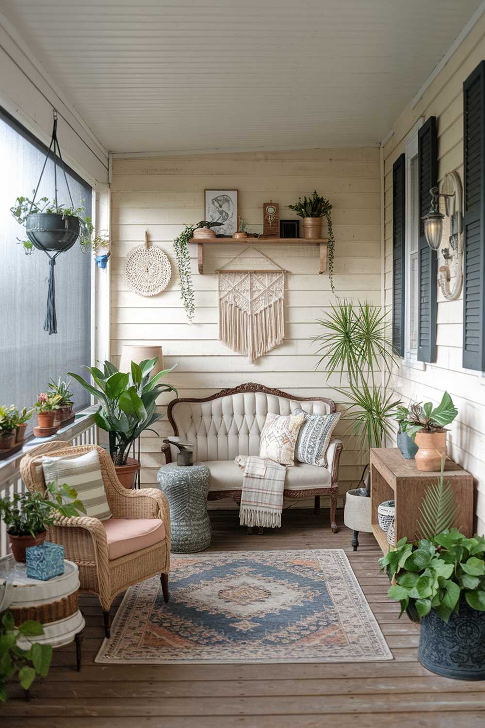 Enclosed porch with vintage furniture, multiple plants, and wooden plank flooring