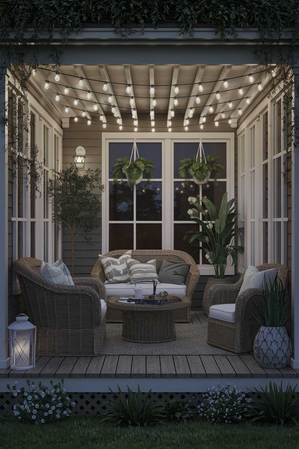 Nighttime enclosed porch with wicker furniture, string lights, and surrounding greenery