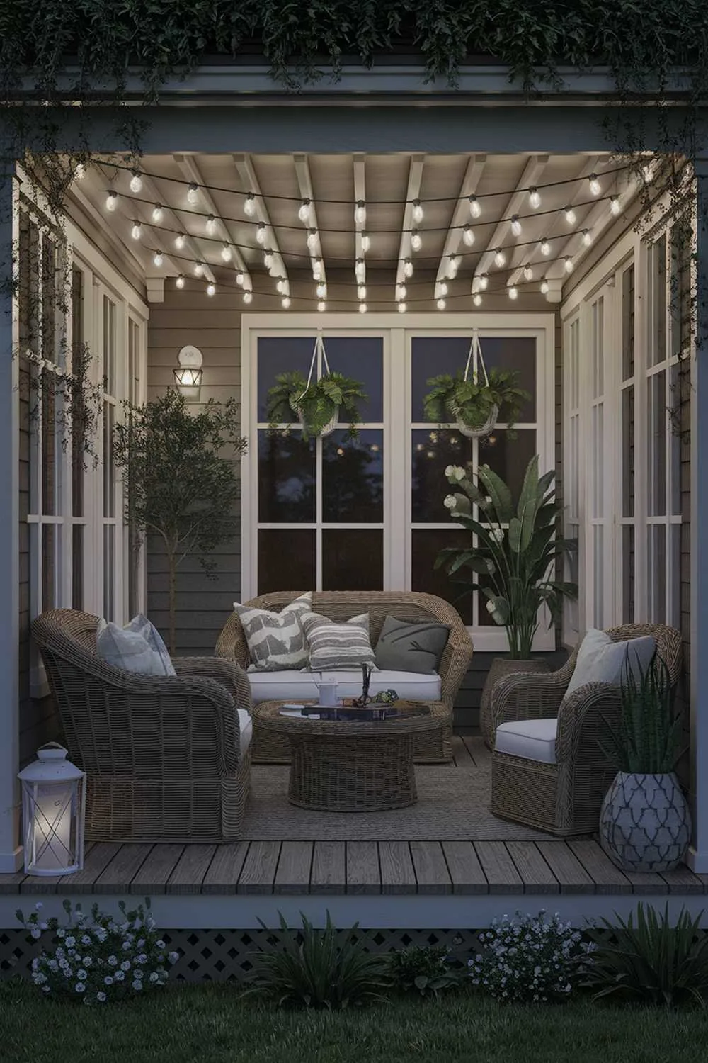 21 Enclosed Porch Ideas for Cozy and Stylish Outdoor Living 19 Nighttime enclosed porch with wicker furniture, string lights, and surrounding greenery