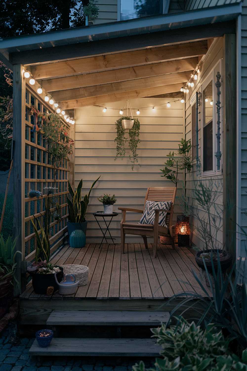 Nighttime enclosed porch with wooden furniture, fairy lights, and hanging plants