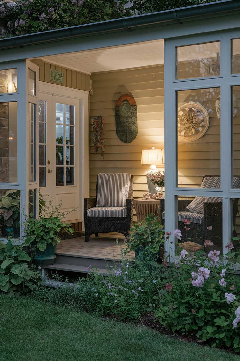 Cozy enclosed porch at night with comfortable seating, ambient lighting, and garden views