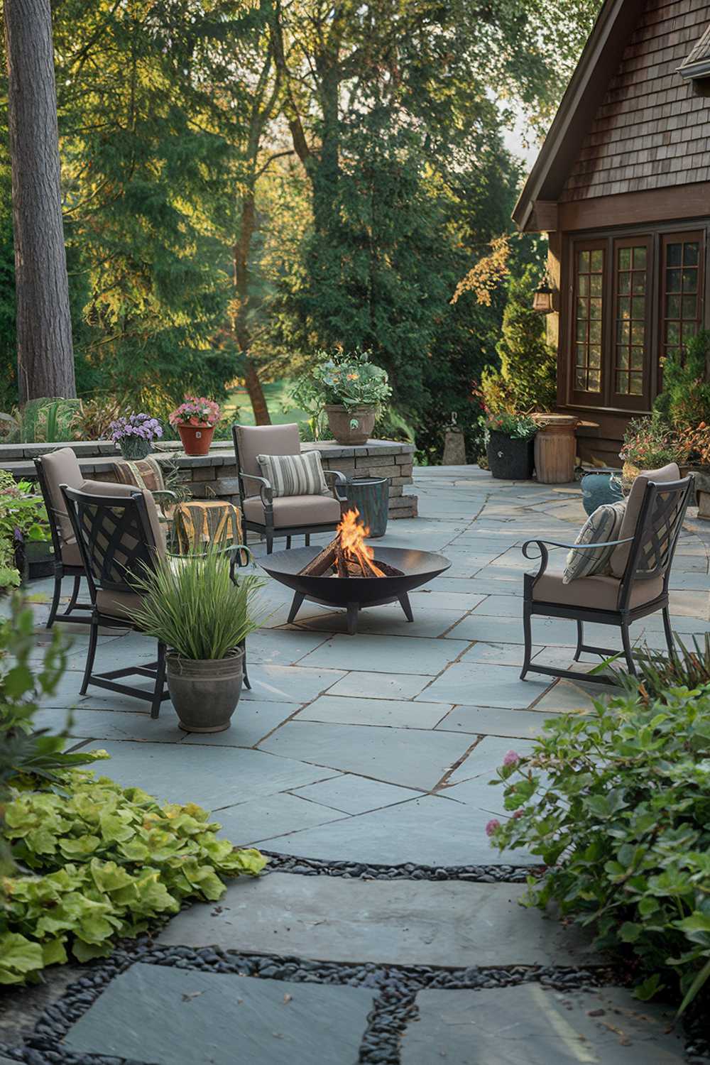 A flagstone patio design and decor. The patio is surrounded by lush greenery and has a fire pit in the center. There are comfortable chairs and a table with potted plants. The background reveals a house with a wooden exterior. The overall ambiance is serene and inviting.