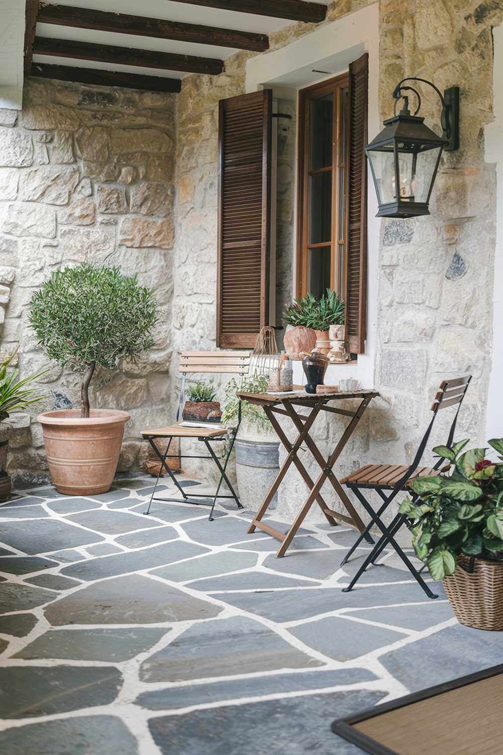 A flagstone patio design. There's a wooden table with two chairs near a stone wall. A potted plant is placed on the floor near the wall. There's a metal lantern hanging from the wall. The patio has a rustic charm and is adorned with various decor items.