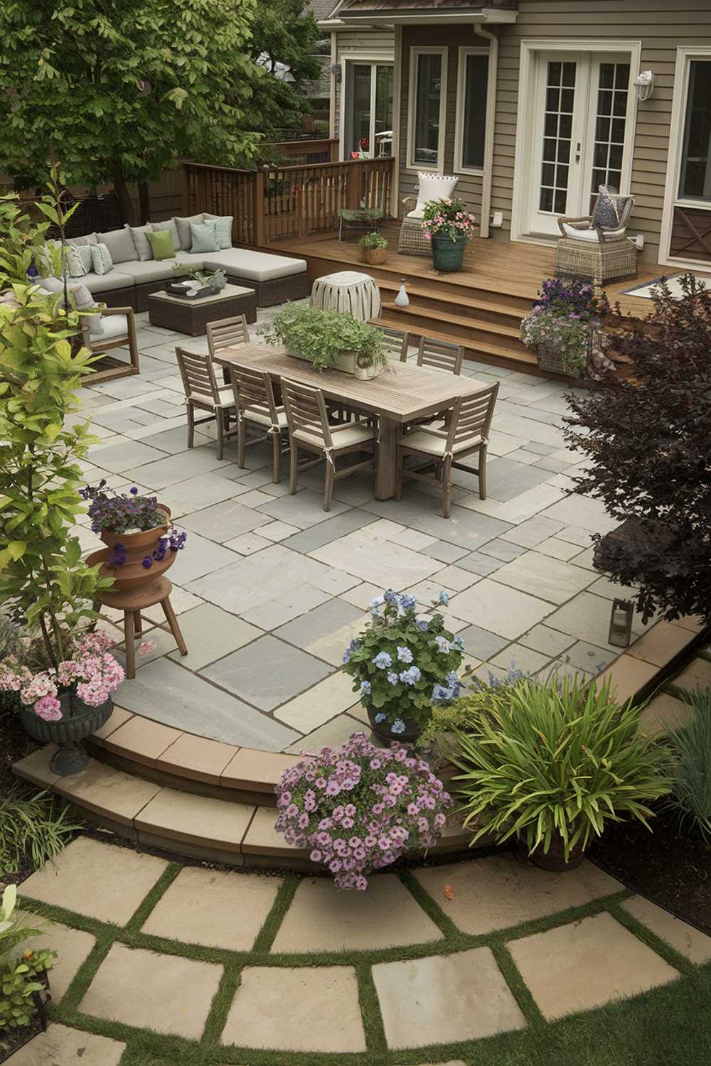 A backyard with a stylish, cozy flagstone patio design and decor. There is a large wooden dining table with chairs in the middle of the patio. Surrounding the patio are lush green plants and flowers in pots. There is a comfortable sofa and a coffee table near the patio. The background reveals a house with a wooden deck. The overall ambiance is warm and inviting.