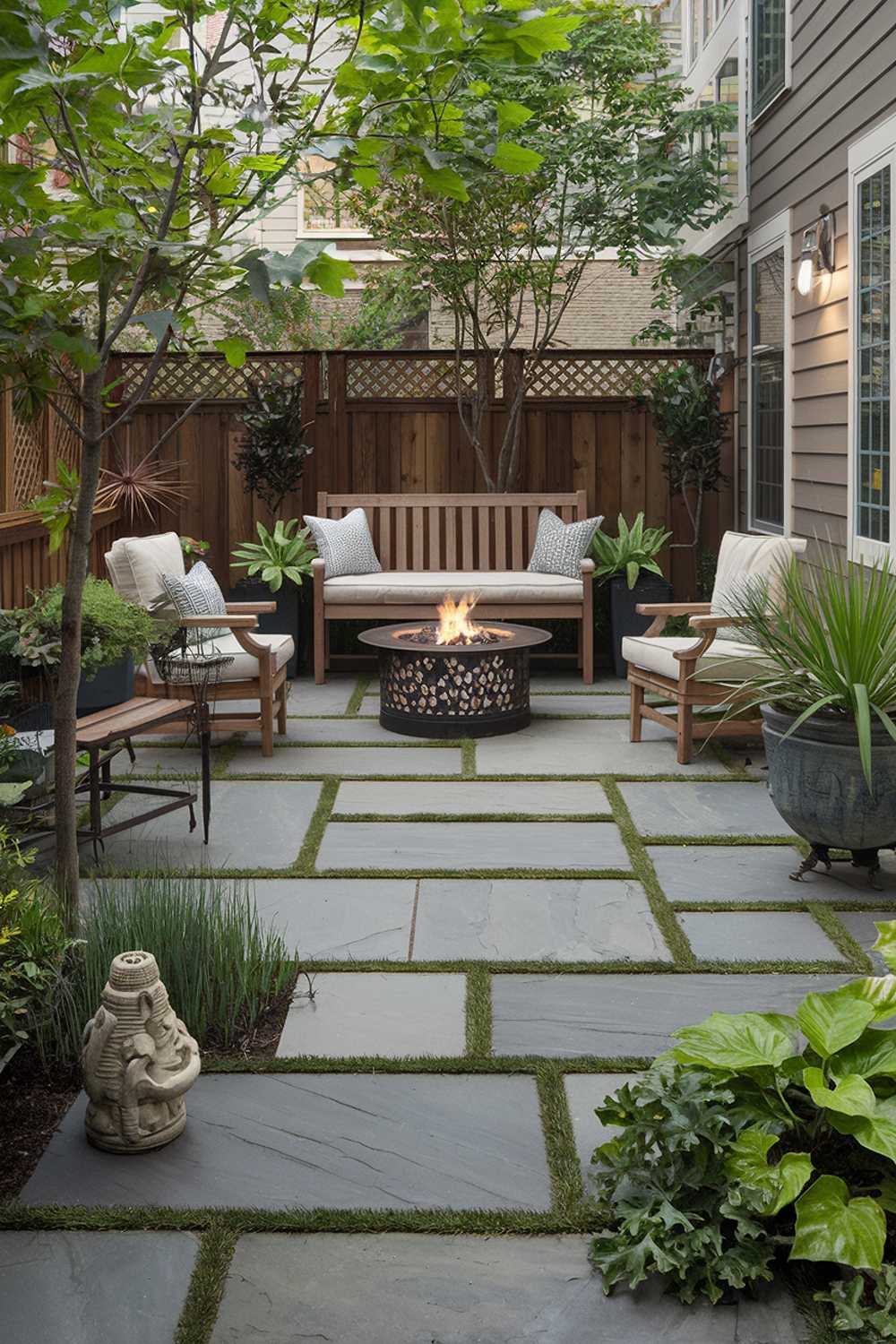 A backyard flagstone patio design with stylish and cozy decor. The patio is flanked by lush green plants and features a fire pit, a wooden bench, and a few chairs. There are potted plants and a decorative sculpture placed around the patio. The background contains a wooden fence and a building. The lighting is soft.