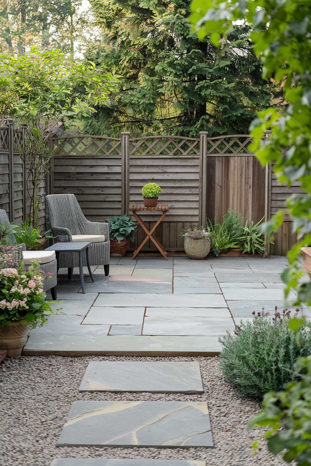 A backyard with a stylish cozy flagstone patio. The patio has a few pieces of outdoor furniture, including a chair, a table, and a plant stand. There's a potted plant on the plant stand. The area around the patio is covered with gravel. The background contains a wooden fence and lush greenery. The overall ambiance is serene and inviting.