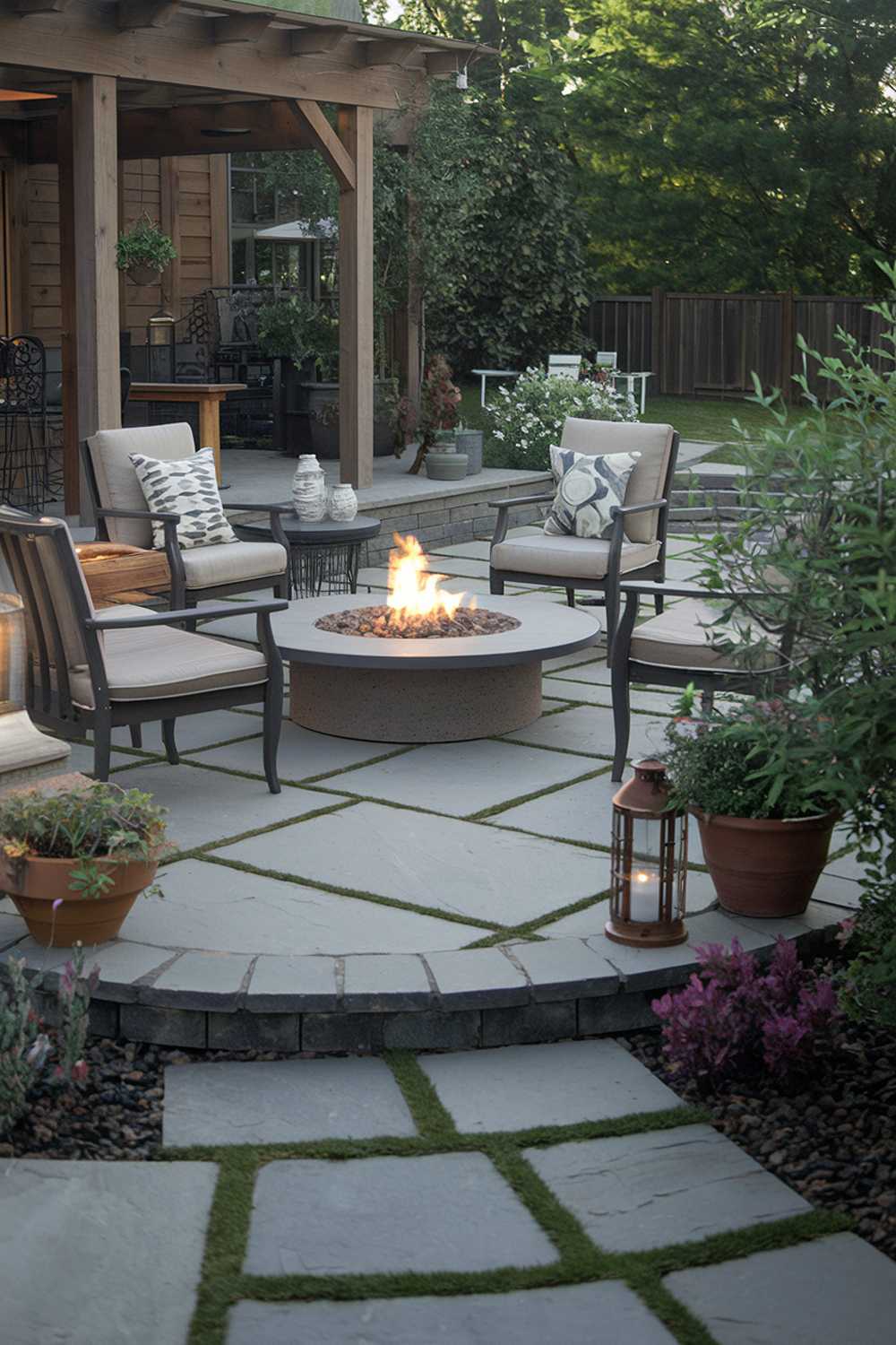 A backyard with a stylish cozy flagstone patio design and decor. The patio has a fire pit, a few chairs, and a table. There are potted plants and a lantern on the patio. The background has a wooden structure and greenery. The lighting is soft.