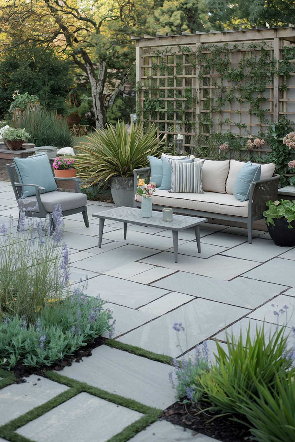 A backyard with a stylish cozy flagstone patio. The patio has a few pieces of outdoor furniture, including a sofa, a chair, and a coffee table. There is a potted plant near the sofa. The patio is surrounded by a lush garden with various plants and flowers. The background contains a wooden structure with climbing plants. The overall ambiance is serene and inviting.