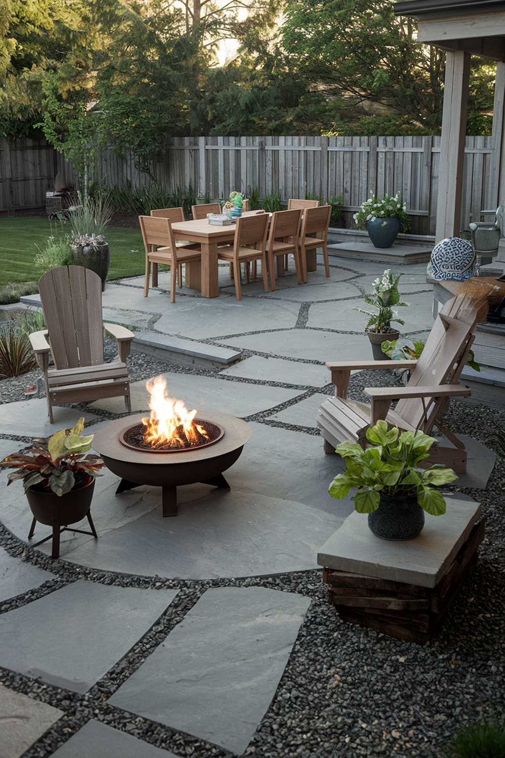 A backyard with a stylish cozy flagstone patio design and decor. The patio features a fire pit, a wooden dining table with chairs, and potted plants. There are also a few chairs placed near the fire pit. The background has a wooden fence and greenery. The ground is covered with gravel. The lighting is warm.