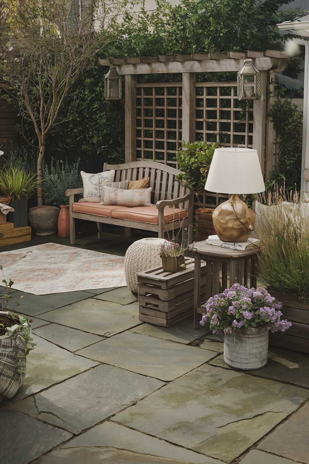 A backyard with a flagstone patio design and decor. There is a wooden bench and a table with a white lampshade. There are also potted plants, a wooden box, and a rug. The background contains lush greenery and a wooden trellis. The overall ambiance is serene and inviting.