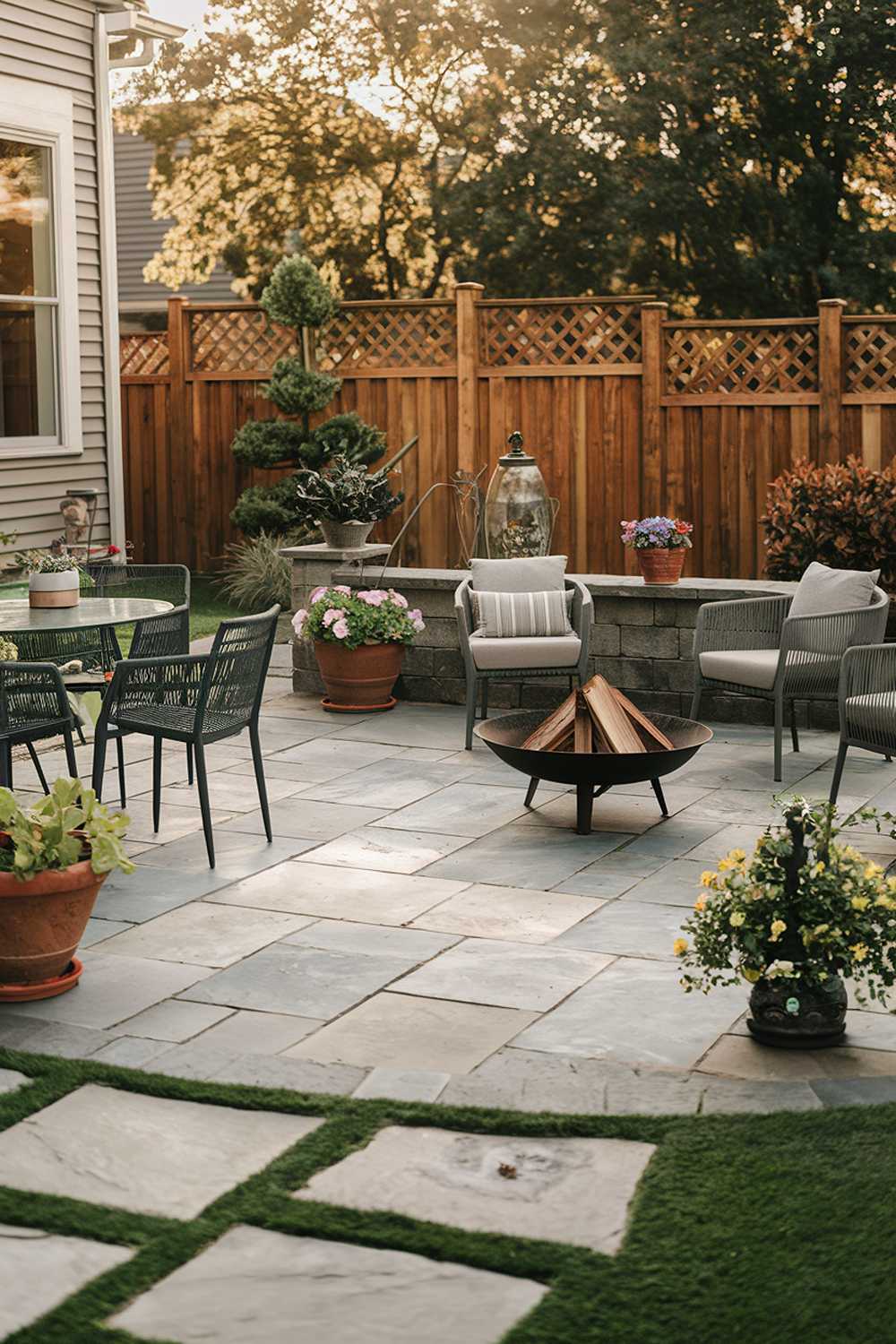 A backyard with a flagstone patio design and decor. The patio has a few chairs and a table, with potted plants and a decorative item placed around. There's a fire pit in the corner with logs. The background reveals a wooden fence and a house. The lighting is warm.