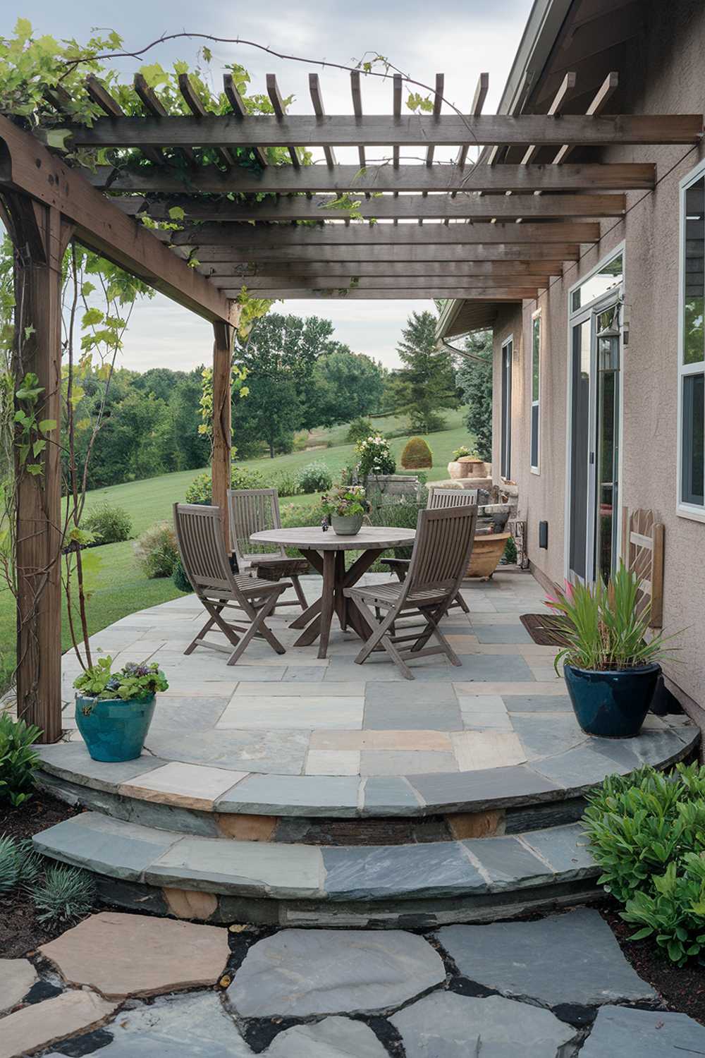 A backyard with a flagstone patio design. There's a wooden pergola over the patio, with vines growing up. A round wooden table and chairs are placed on the patio. There are potted plants on the patio and near the house. The house has a stucco exterior and a few steps lead up to the patio. The background reveals a lush green landscape with trees.