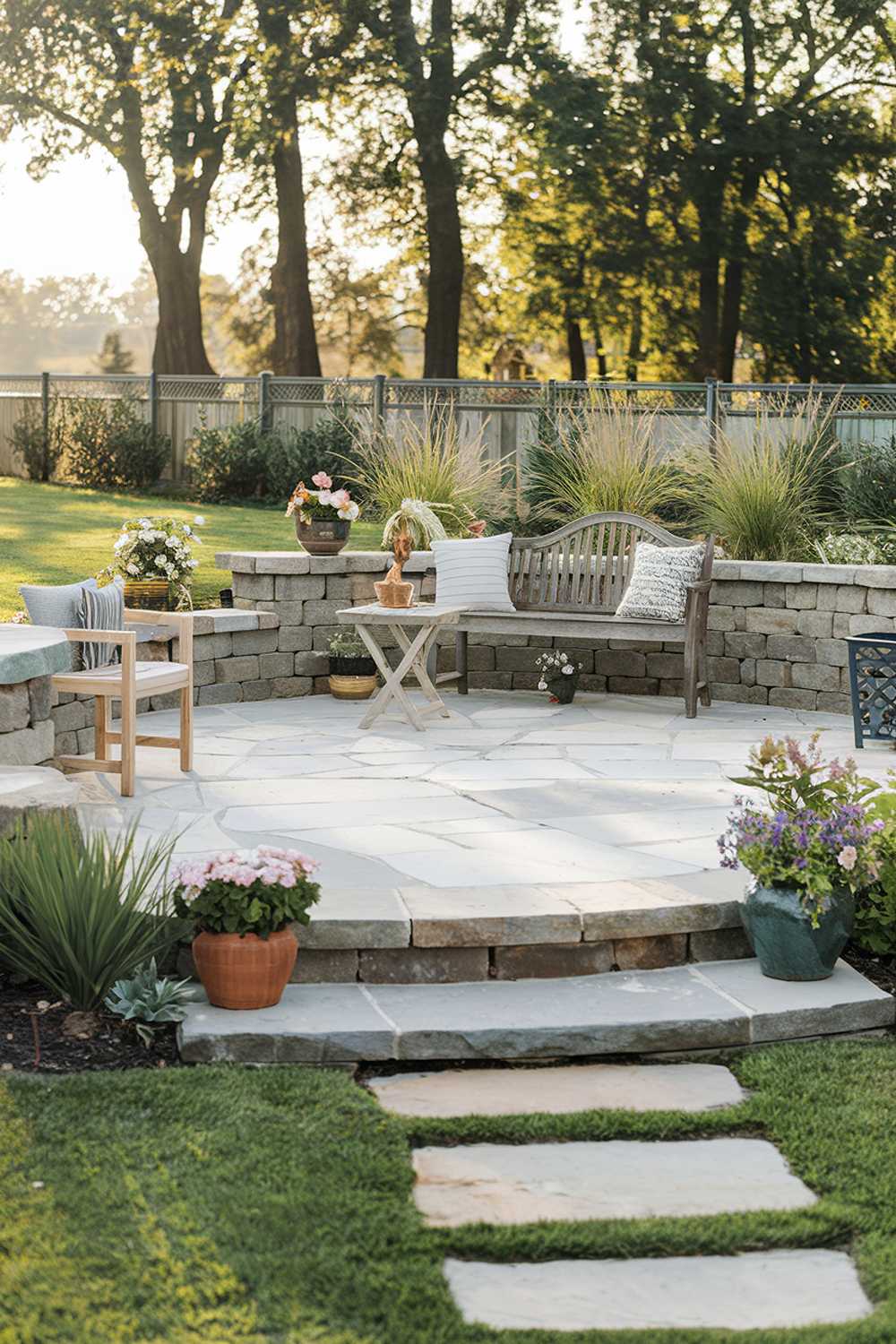 A backyard with a flagstone patio design. The patio is decorated with a variety of items, including a wooden bench, a small table, and a few potted plants. There are also some steps leading up to the patio from the grass. The background reveals a fence and trees. The lighting is soft.