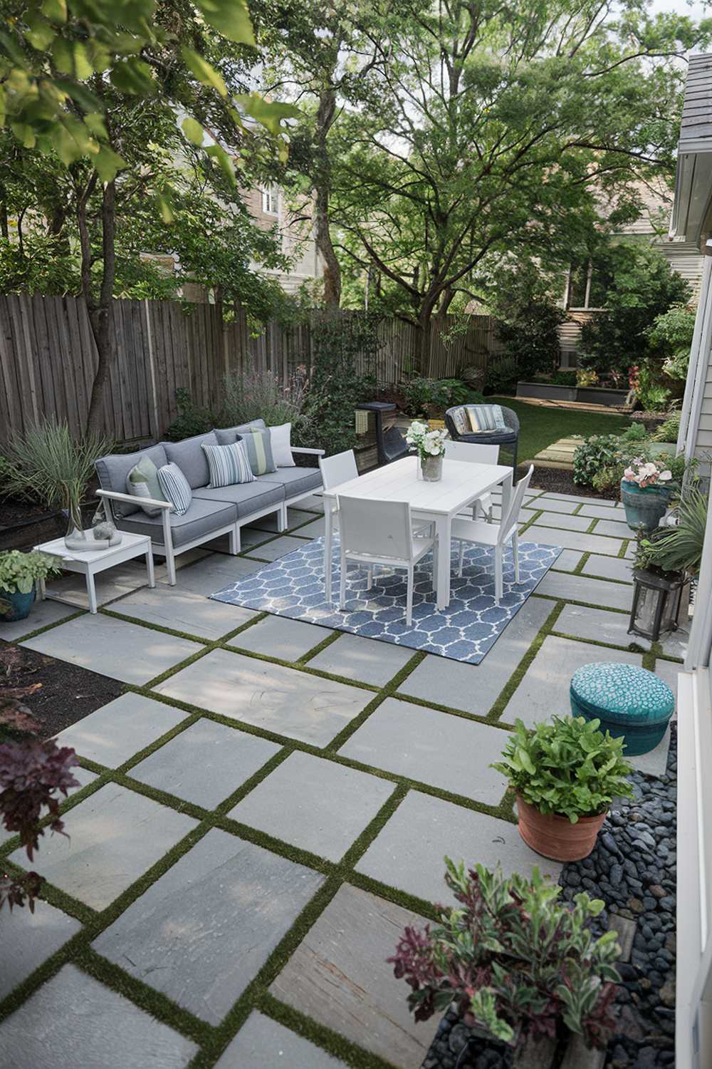 A backyard with a flagstone patio design. The patio is furnished with a grey outdoor sofa and a white outdoor dining table with four chairs. There is a blue outdoor rug on the patio. The patio is surrounded by lush greenery, and there are potted plants on the patio. The background contains a wooden fence and a house.