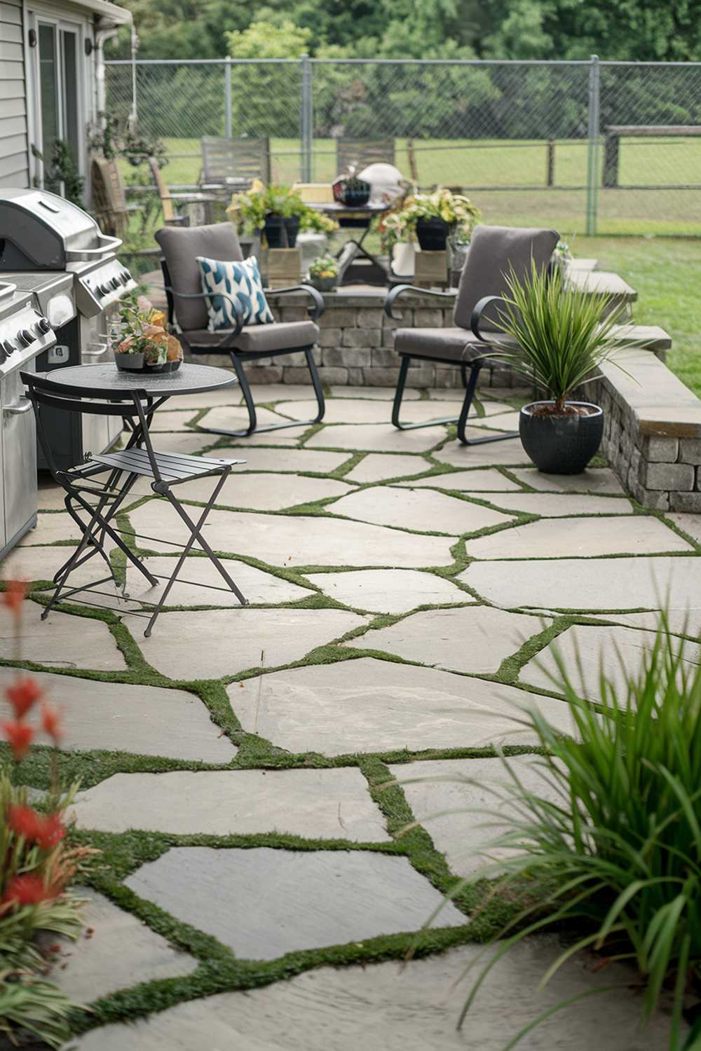 A flagstone patio in a backyard. The patio has a few chairs, a table, and a potted plant. There is a barbecue grill on one side. The background has a fence and a green area. The overall ambiance is serene and inviting.