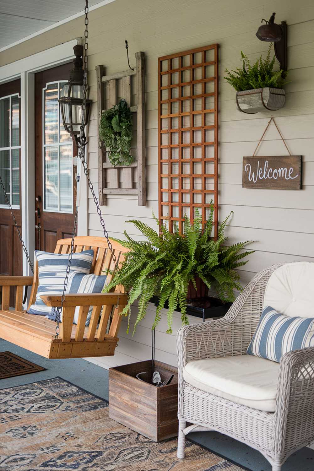 Rustic front porch with wooden swing, wicker furniture, and vintage accents creating a welcoming atmosphere