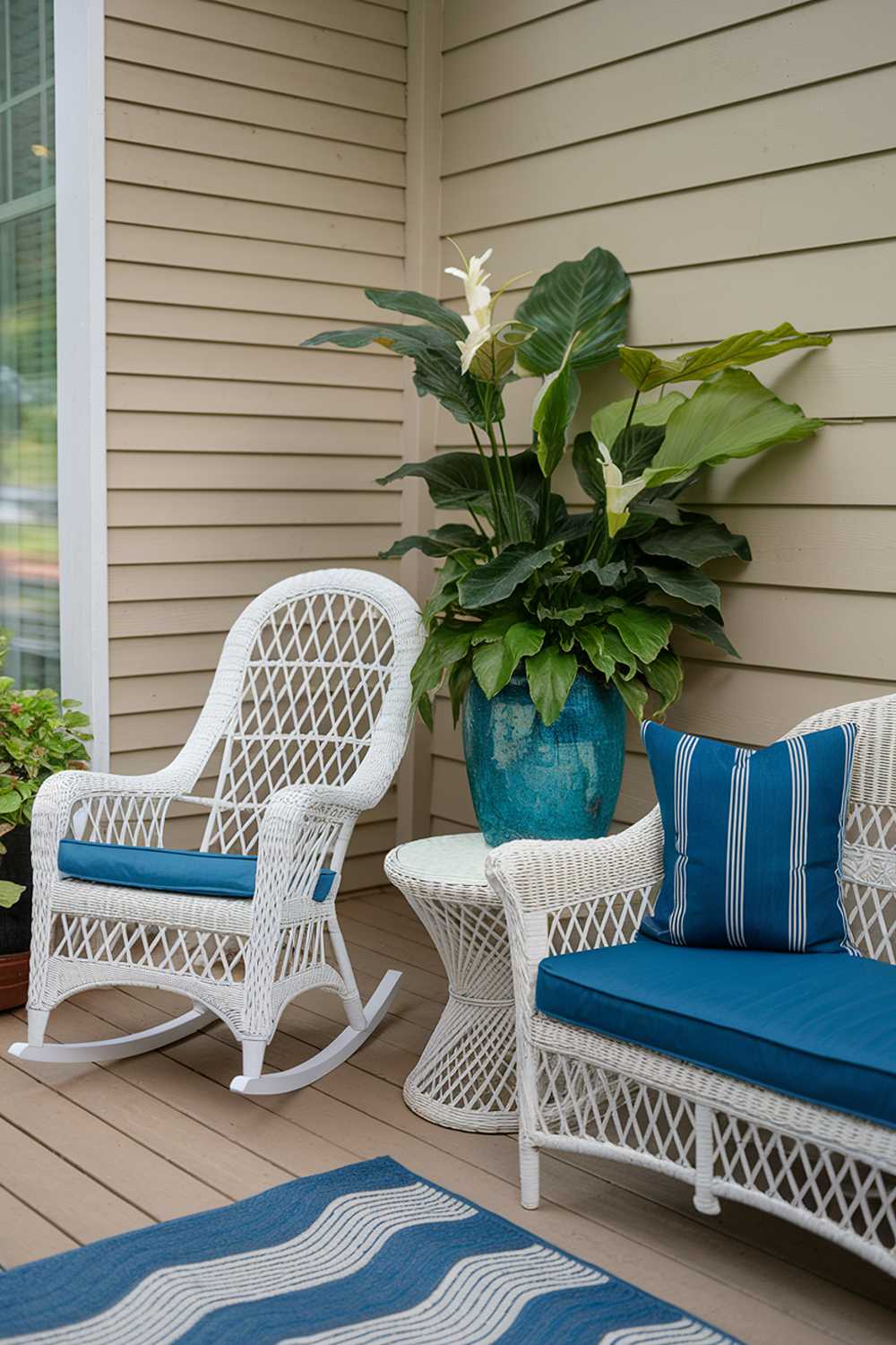 Elegant white wicker furniture arrangement with blue accents and potted plants on a bright front porch