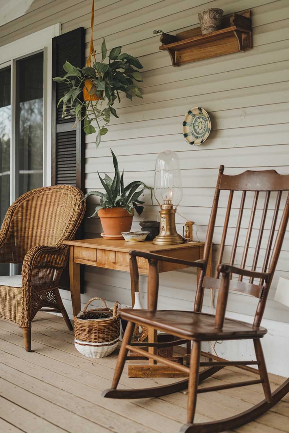 Cozy vintage-style porch with wicker and wooden chairs, decorated with plants and antique accessories