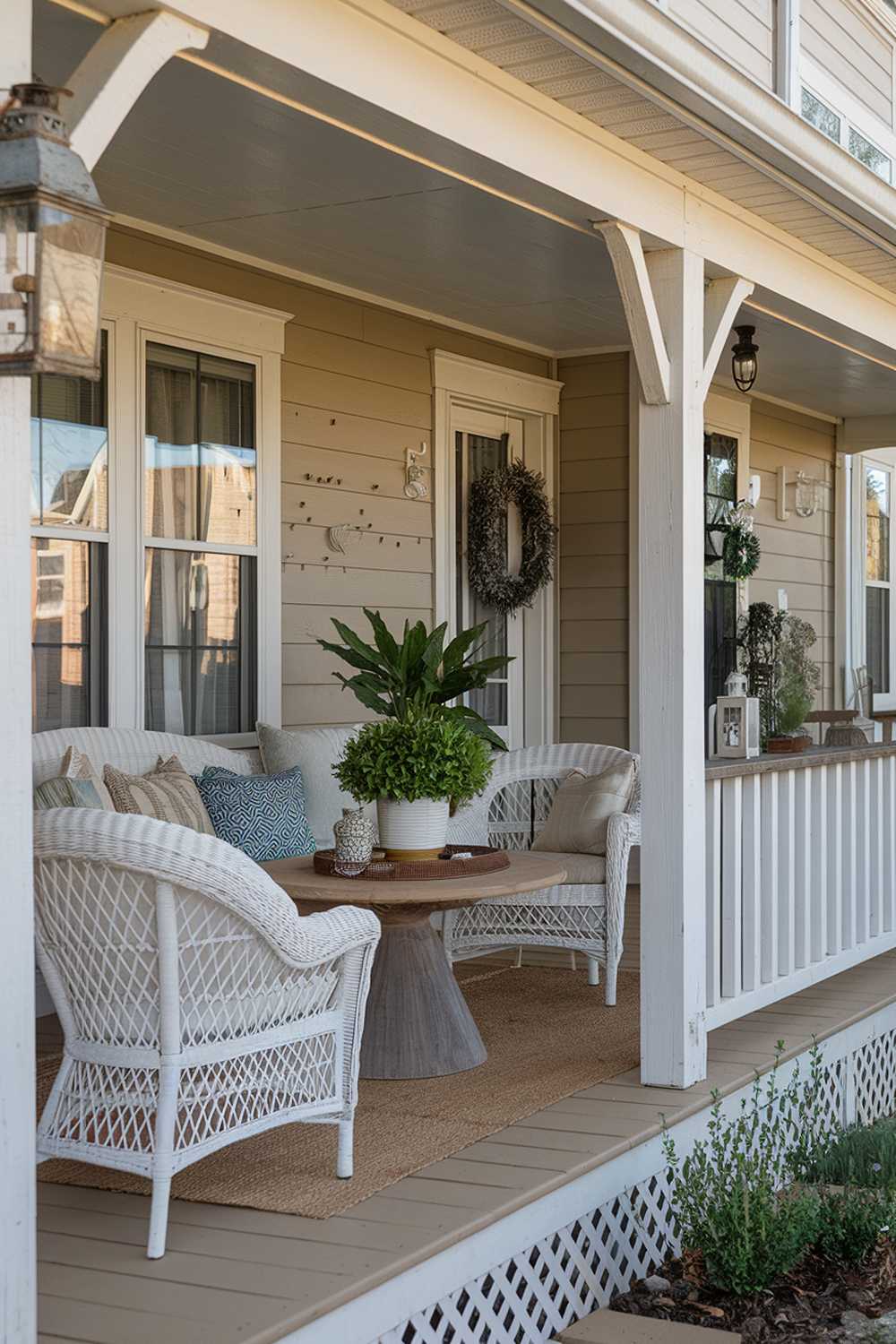 Luxurious front porch with white wicker furniture, round wooden table, and coordinated beige accents