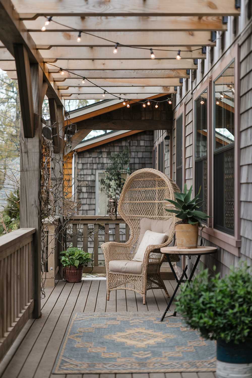 Charming front porch featuring a wooden pergola, wicker seating, and string lights creating a magical atmosphere