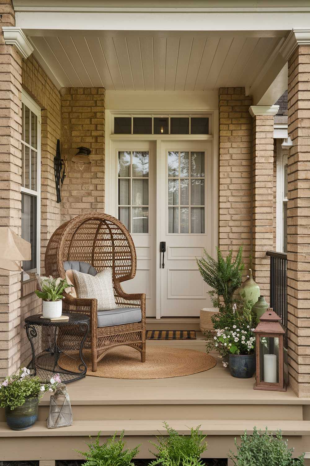 Cozy brick-surrounded porch with wicker chair, iron table, and thoughtful decorative elements