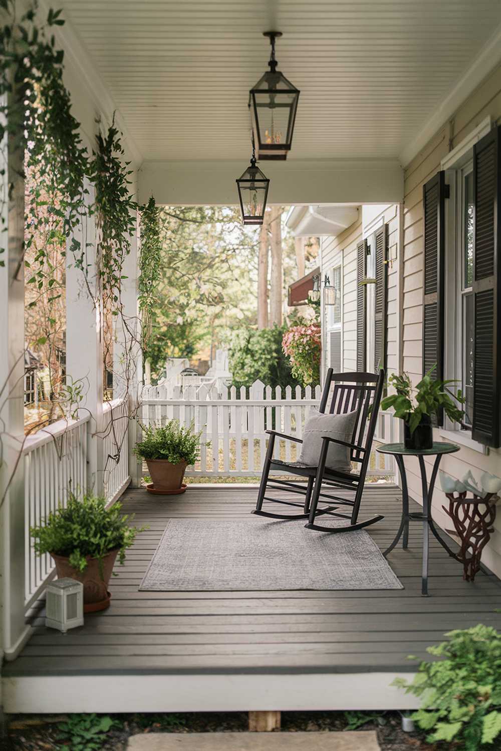 Traditional front porch with rocking chair, decorative rug, and hanging lanterns framed by a white picket fence