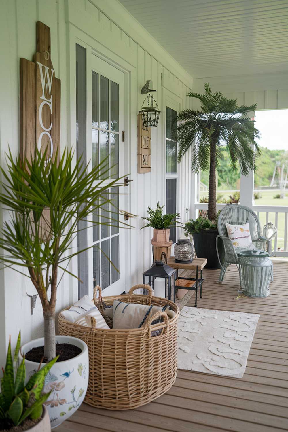 Inviting porch featuring wicker basket, lantern, and palm tree with rustic welcome sign