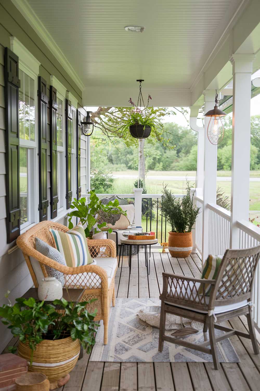 Lush front porch with wicker couch, wooden chair, and abundant greenery, creating a natural oasis