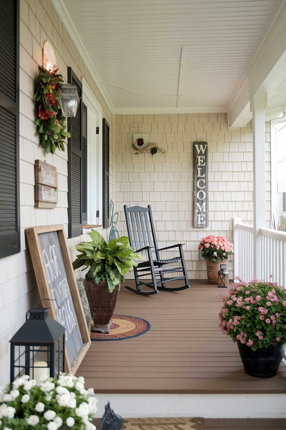 Welcoming porch with rocking chair, lantern, and rustic signage creating a cozy farmhouse atmosphere