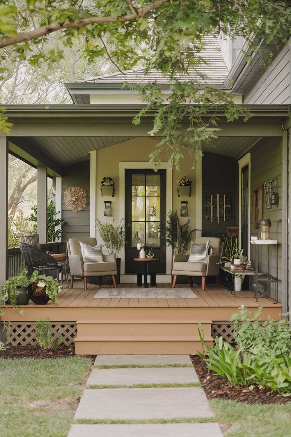 Clean-lined porch with paired chairs, small table, and strategic plant placement