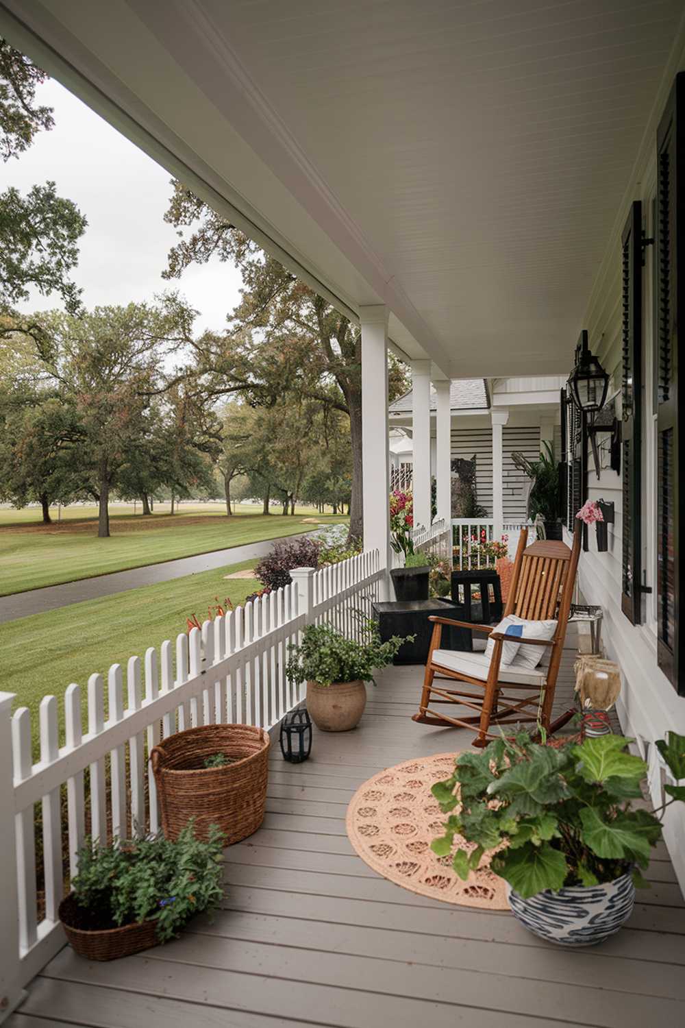 Charming porch with wooden rocking chair, white picket fence, and lush landscaping