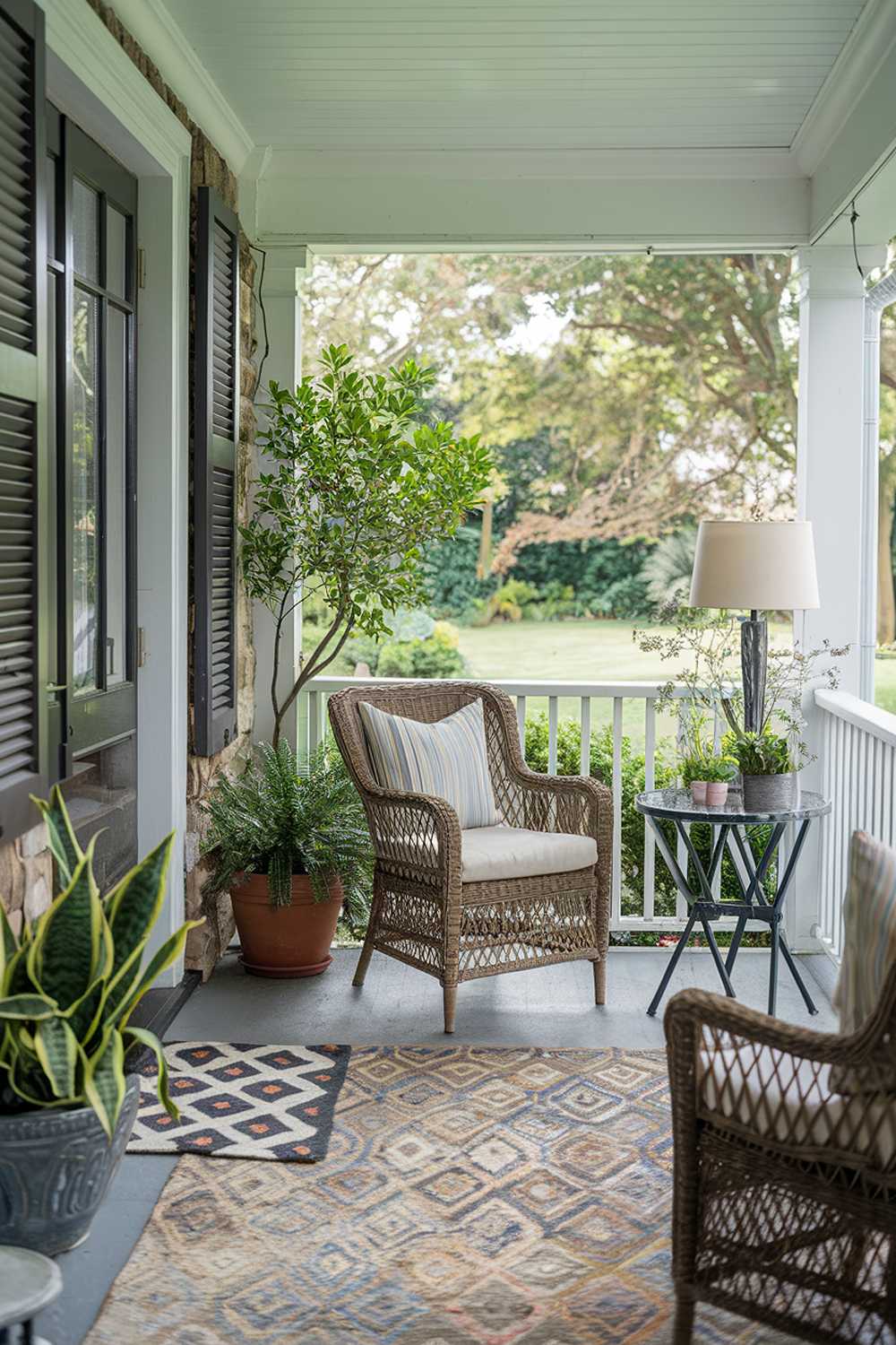 Space-efficient porch featuring wicker chair, compact table, and strategic lighting