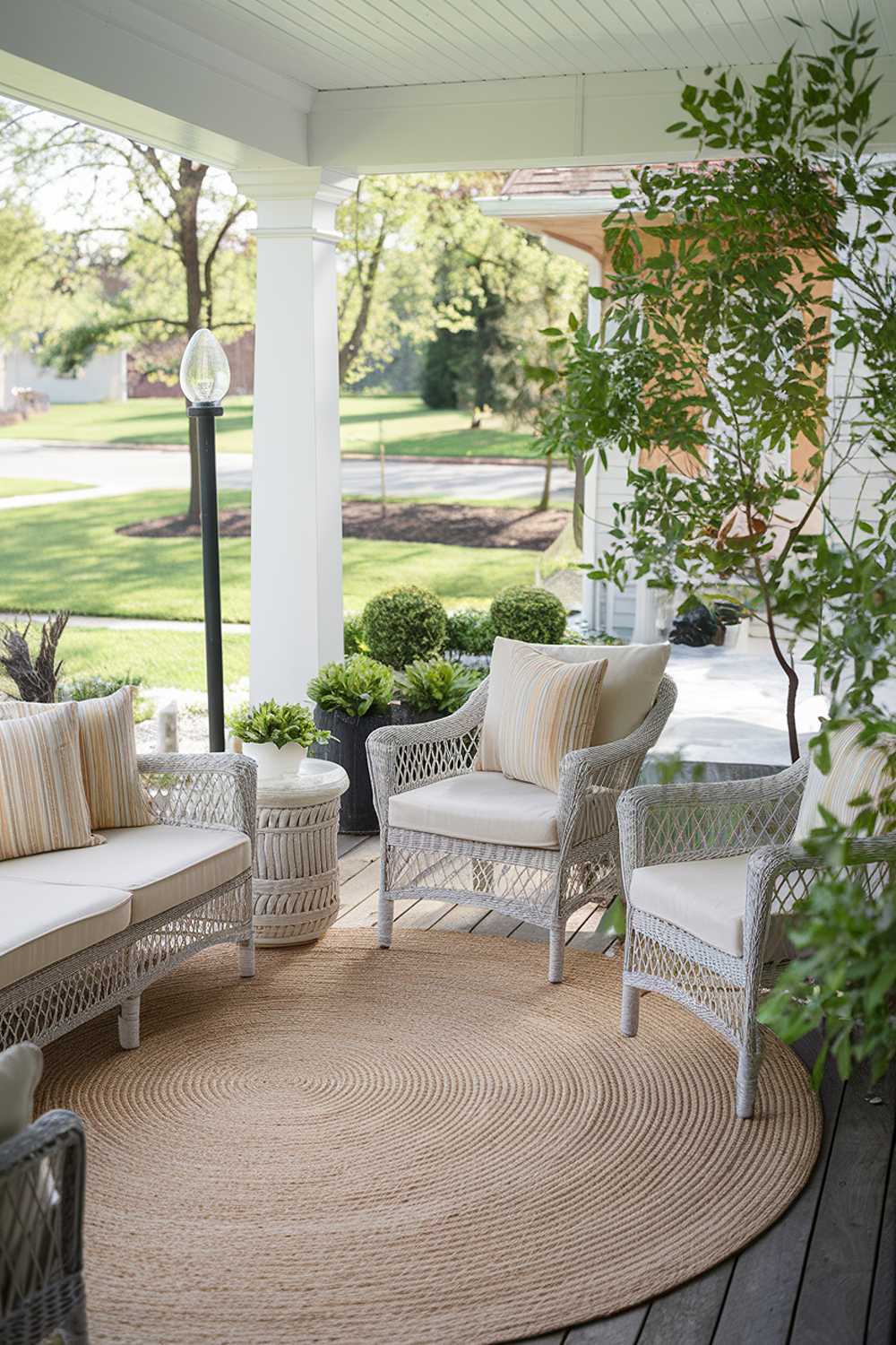 Luxurious porch setup with white wicker furniture, round rug, and sophisticated lighting