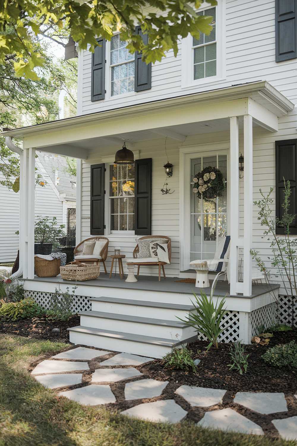 Classic porch with vintage lighting, comfortable seating, and stone path approach