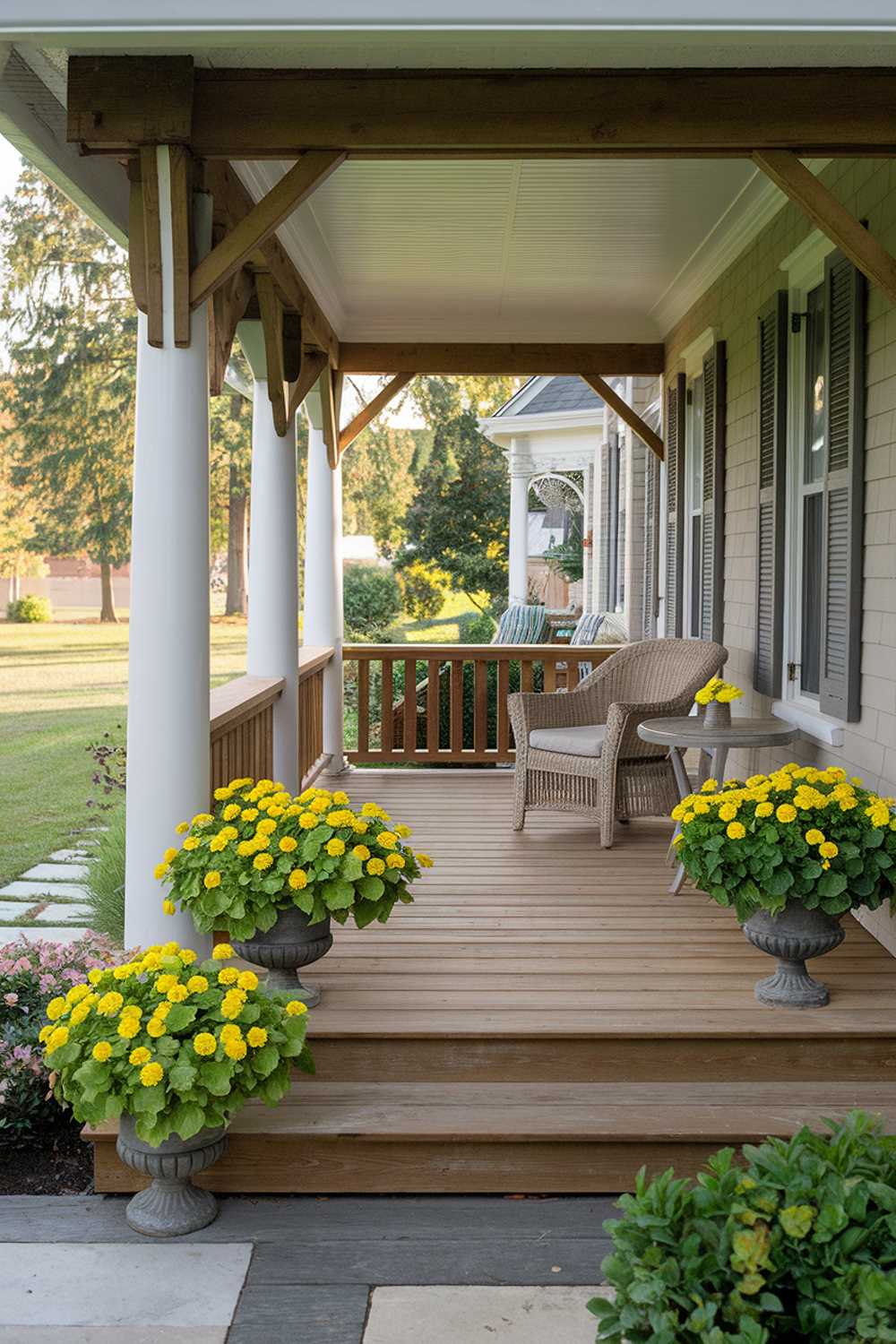 Elegant porch with white columns, wicker furniture, and vibrant flowering plants