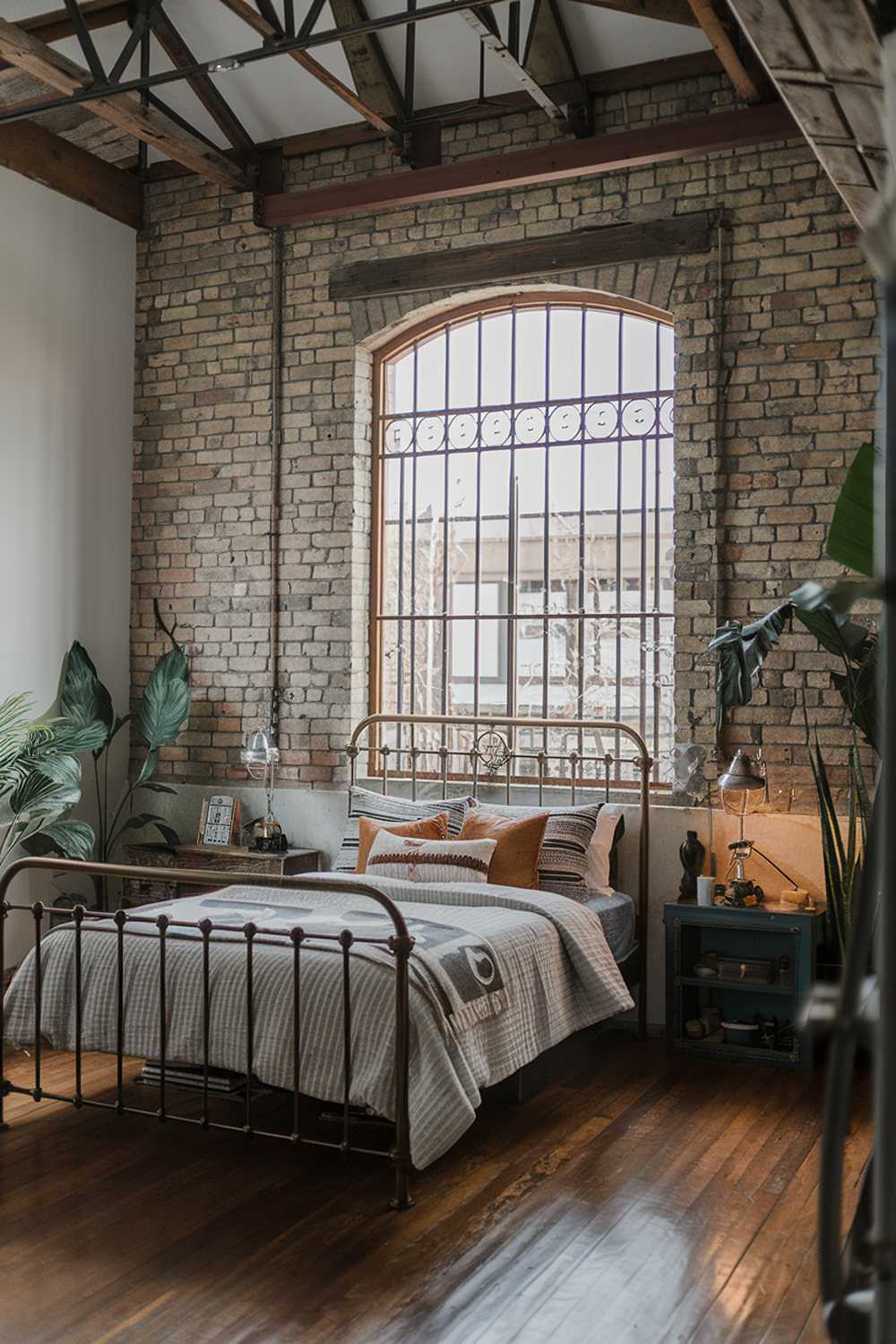 An industrial bedroom design and decor. The room has a high ceiling, exposed brick walls, and wooden beams. There is a large window with iron bars. The room contains a bed with a metal frame and a wooden headboard. There is a vintage lamp on the nightstand. The floor is made of wooden planks. The room is adorned with plants and decorative items.