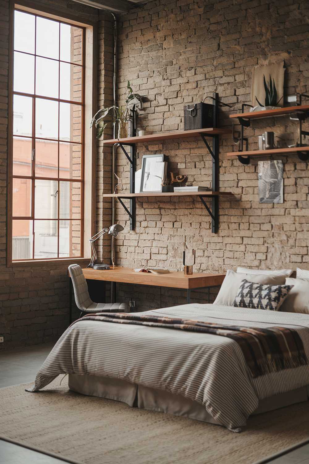 A stylish cozy industrial bedroom design with a queen bed and a desk. The wall has exposed bricks and a wooden shelf. There's a vintage lamp on the desk. The floor is covered with a beige rug. The room has a large window with wooden frames. The walls and shelves have a few decorative items such as a plant, a book, and a lamp.