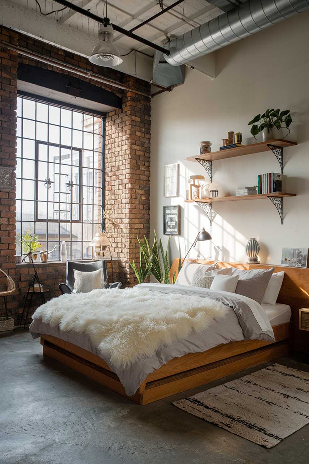 An industrial bedroom. The room has a high ceiling, exposed brick walls, and a large window with metal bars. There's a large bed with a wooden frame and a fluffy white duvet. The bed is placed on a wooden platform. There are two wooden shelves on the wall above the bed. The floor is made of concrete. The room is decorated with a few items, including a lamp, a chair, a plant, and some books.