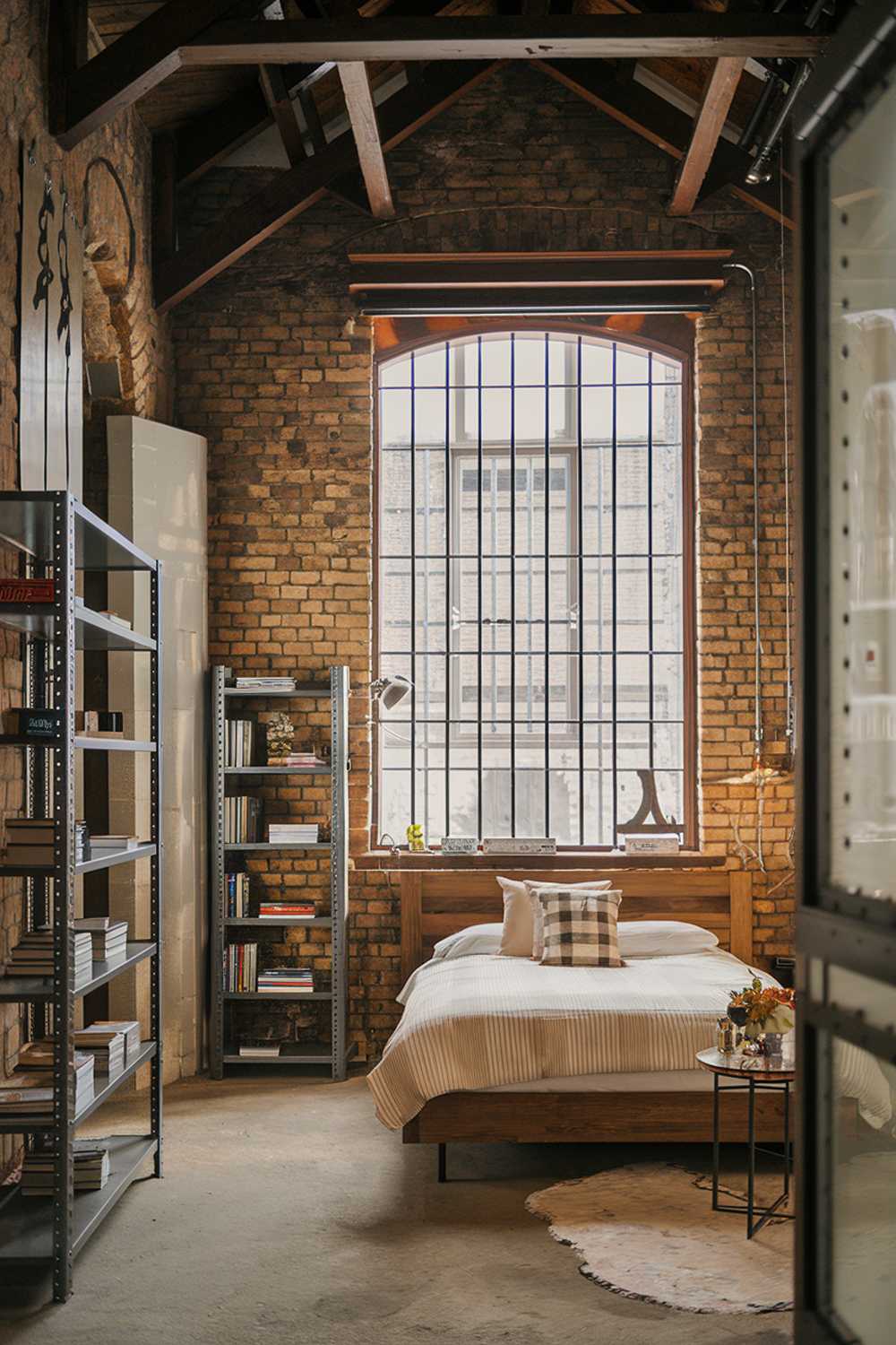 A cozy industrial bedroom with a stylish design. The room has a high ceiling, exposed brick walls, and wooden beams. There's a large window with metal bars near the ceiling. A comfortable bed with a wooden frame sits against the wall. There's a small side table beside the bed with a lamp. A tall metal shelf with books is placed near the window. The floor is made of concrete. The room has a warm and inviting ambiance.