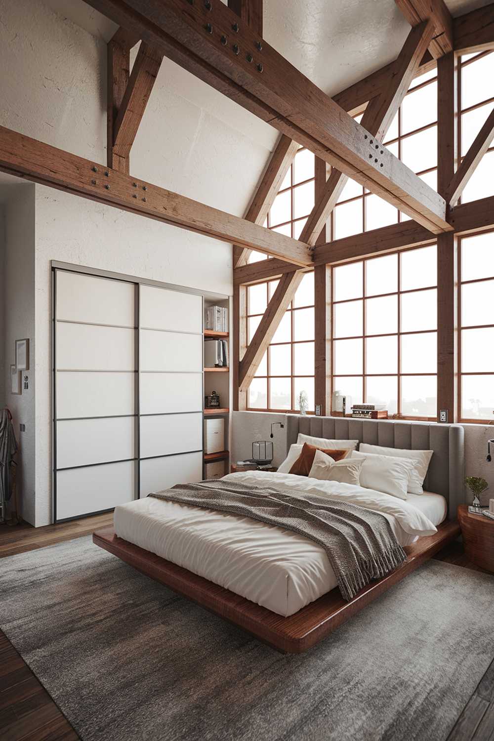 A cozy industrial bedroom design and decor. The room has a high ceiling with exposed wooden beams. There's a king-size bed with a white mattress and a grey headboard. The bed is placed on a wooden platform. There's a white closet with a sliding door beside the bed. The room has a grey rug and a few decorative items. The walls have a few nails and a light switch. The room has a large window with wooden beams.