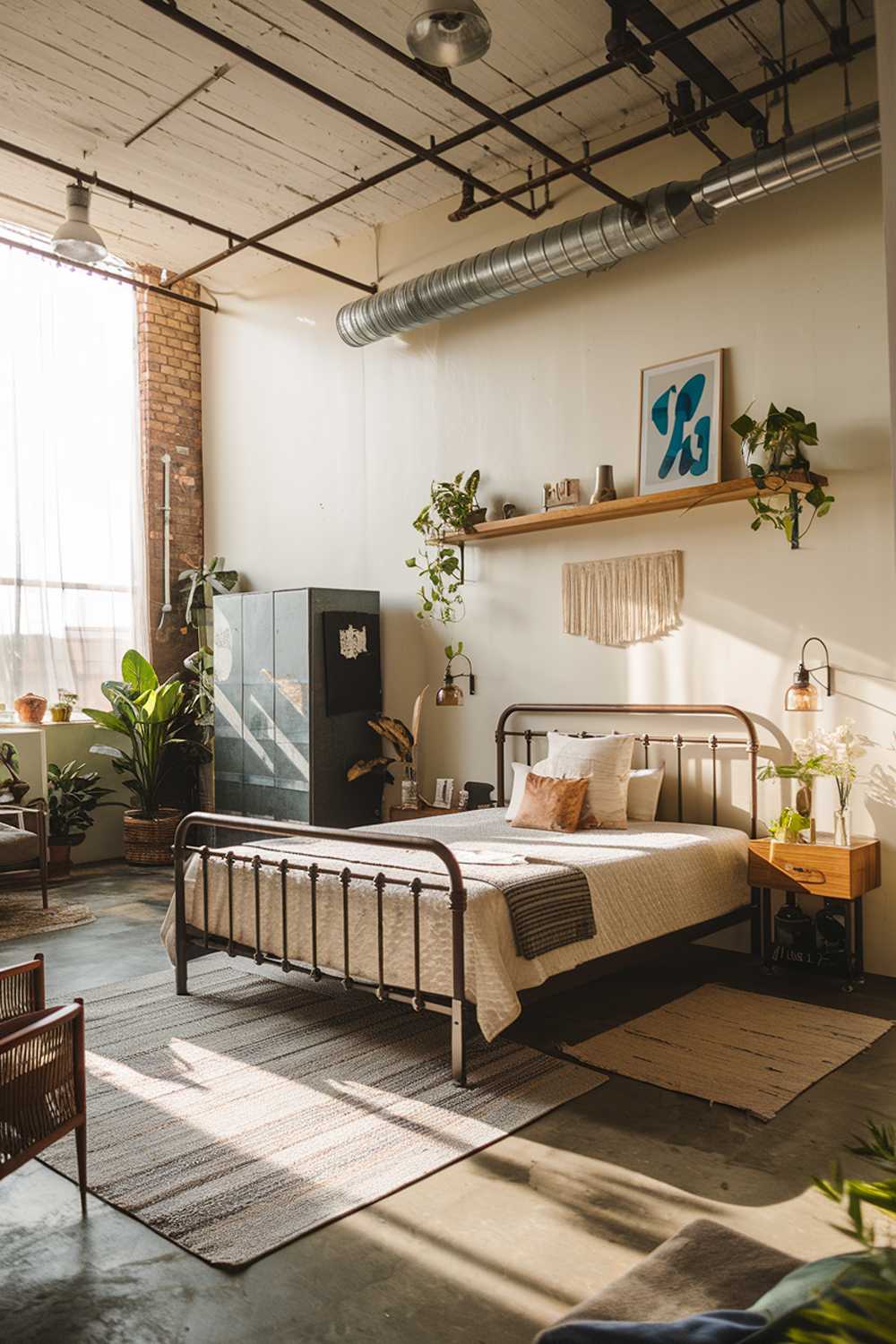 An industrial bedroom with a stylish design. The room has a high ceiling and is filled with natural light. There is a large, metal bed frame with a comfortable mattress and a few pillows. On the wall above the bed, there is a wooden shelf with a few decorative items. The floor is made of concrete and is covered with a soft rug. There are a few pieces of furniture, including a nightstand, a chair, and a wardrobe. The room has a few plants and decorative items.